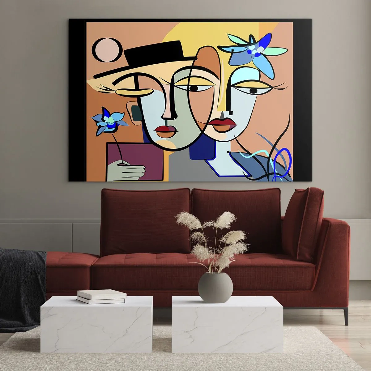 Quadro em vidro - Rostos coloridos em estilo cubista com flores - 70x50cm - O randez vous de Picasso - Decoração de parede moderna para a sala de estar e quarto ARTTOR