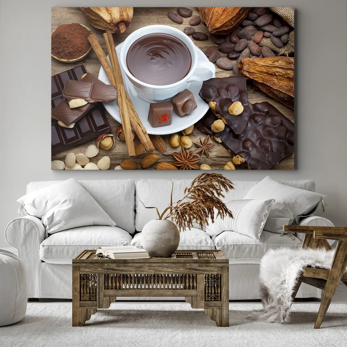 Quadro em tela - Uma xícara de chocolate quente cercada por ingredientes de sobremesa - 70x50cm - Da fábrica de chocolate de conto de fadas - Decoração de parede moderna para a sala de estar e quarto ARTTOR