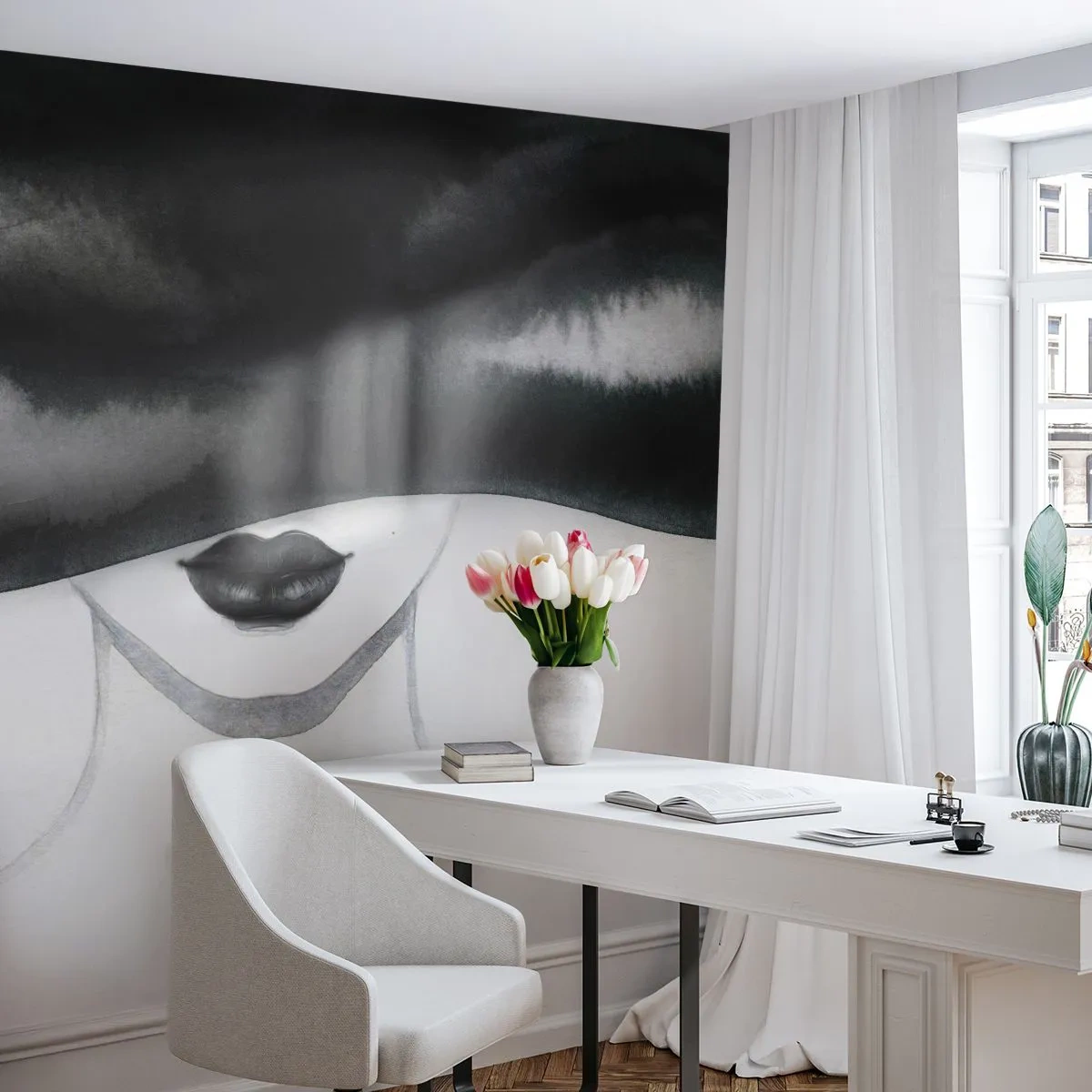 Papel de Parede Autocolante Deluxe Sticker - Mistério sensual - Mulher de chapéu, Modelo, Preto e branco - 400x280 cm