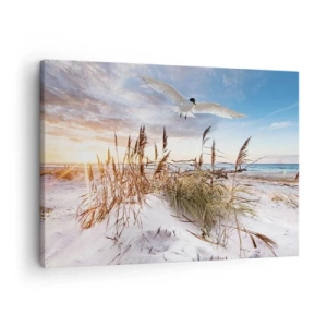 Quadro em tela - Praia com gaivotas voando ao pôr do sol - 70x50cm - Vento do mar - Decoração de parede moderna para a sala de estar e quarto ARTTOR