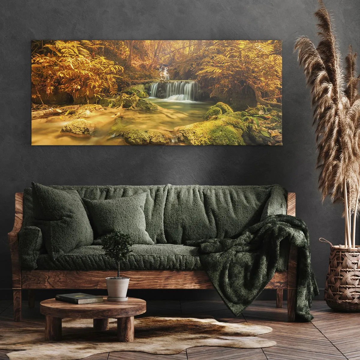 Quadro em tela - Cascata na floresta em ouro - 160x50 cm