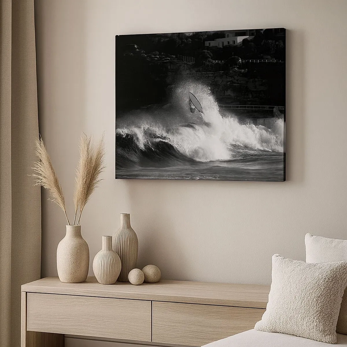 Quadro em tela - Um surfista pegando uma onda em monocromático - 70x50cm - Desafio aceito! - Decoração de parede moderna para a sala de estar e quarto ARTTOR