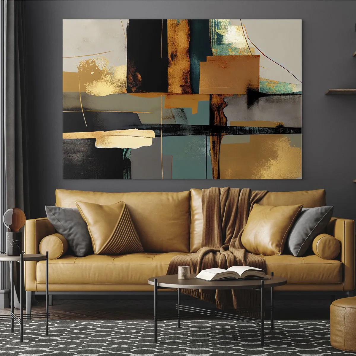Quadro em vidro - Abstração moderna com contrastes de ouro, preto e turquesa - 70x50cm - Abstração – luz e sombra - Decoração de parede moderna para a sala de estar e quarto ARTTOR