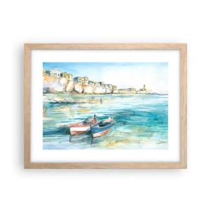 Pôster com moldura de carvalho claro - Paisagem em azul - 40x30 cm