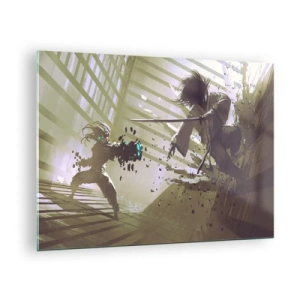 Quadro em vidro - Duelo de samurais em uma cena dinâmica - 70x50cm - Você também pode ser um samurai - Decoração de parede moderna para a sala de estar e quarto ARTTOR
