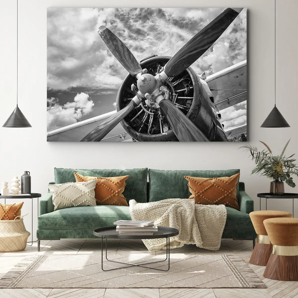 Quadro em tela - Uma foto em preto e branco de uma hélice de avião contra um céu dinâmico. - 70x50cm - O conquistador dos céus - Decoração de parede moderna para a sala de estar e quarto ARTTOR