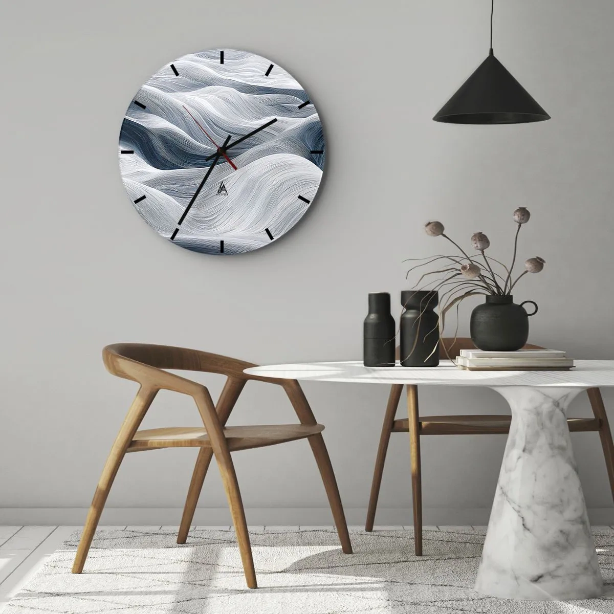 Relógio de parede - Relógio em vidro - Linhas gráficas e onduladas em tons de branco e azul - 30x30cm - Ondas brancas e azuis - Decoração de parede moderna para a sala de estar, cozinha e quarto ARTTOR