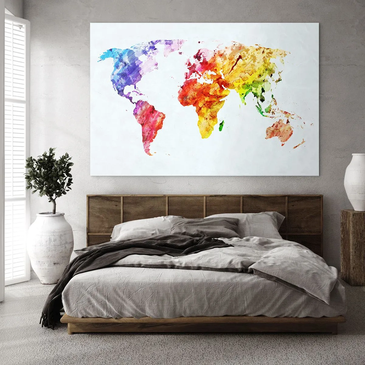 Quadro em vidro - Mapa-múndi em aquarela com cores brilhantes - 70x50cm - Todas as cores do mundo - Decoração de parede moderna para a sala de estar e quarto ARTTOR