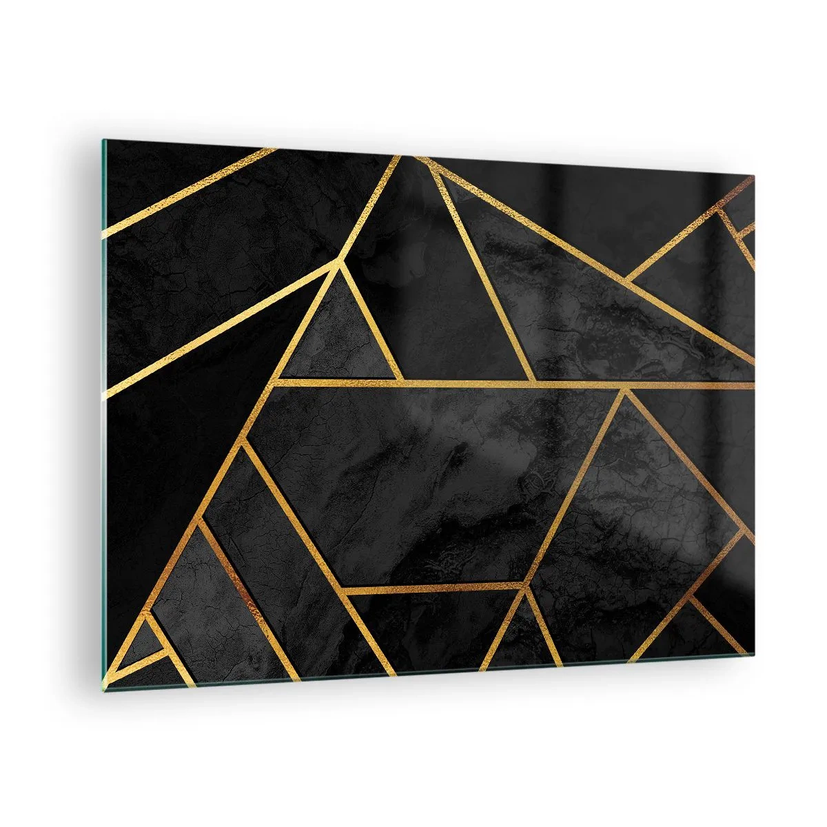 Quadro em vidro - Composição geométrica preta e dourada sobre fundo de mármore - 70x50cm - Escuridão e esplendor - Decoração de parede moderna para a sala de estar e quarto ARTTOR