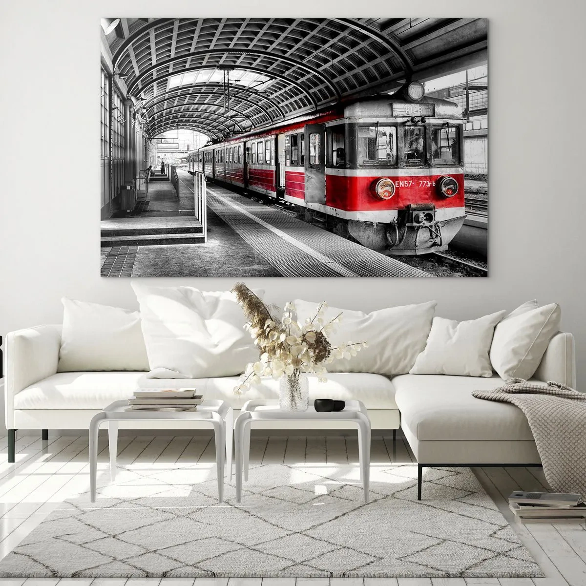 Quadro em vidro - Trem vermelho na estação sob um teto - 70x50cm - Talvez seja a viagem de sua vida? - Decoração de parede moderna para a sala de estar e quarto ARTTOR