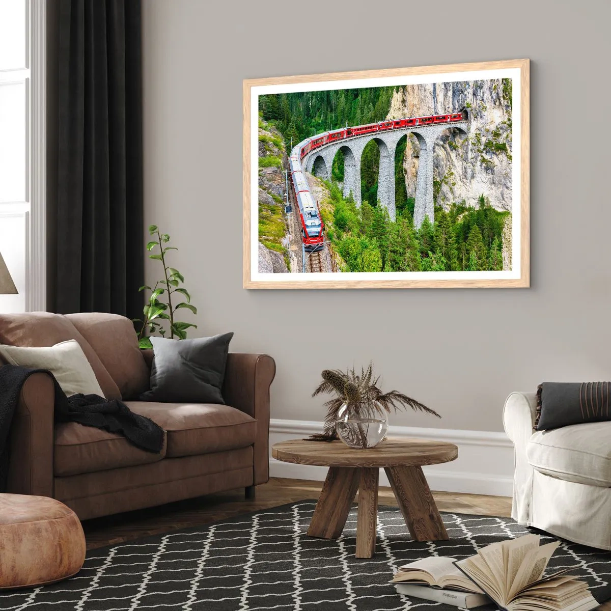 Pôster com moldura de carvalho claro - Linha férrea com vista para a montanha - 50x40 cm