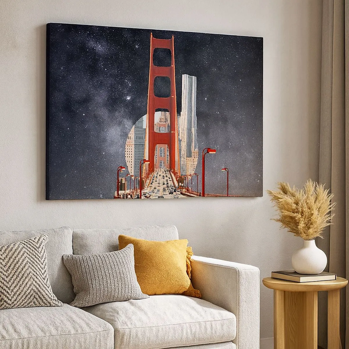 Quadro em tela - A Ponte Golden Gate com a cidade ao fundo contra um céu estrelado - 70x50cm - Sempre no centro - Decoração de parede moderna para a sala de estar e quarto ARTTOR