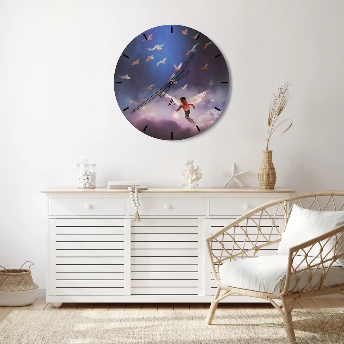 Relógio de parede - Relógio em vidro - Uma figura com asas de anjo entre pássaros contra o céu - 30x30cm - É preciso ter imaginação e coragem - Decoração de parede moderna para a sala de estar, cozinha e quarto ARTTOR
