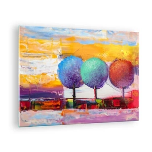 Quadro em vidro - Árvores abstratas coloridas em um fundo intenso - 70x50cm - Pódio da natureza - Decoração de parede moderna para a sala de estar e quarto ARTTOR