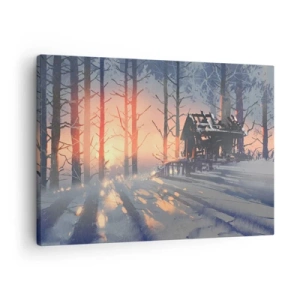 Quadro em tela - Uma casa de campo na floresta em uma paisagem de inverno com os raios do sol poente - 70x50cm - Somente o sol espreita aqui - Decoração de parede moderna para a sala de estar e quarto ARTTOR