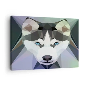 Quadro em tela - Lobo geométrico com olhos azuis expressivos - 70x50cm - Memória da neve do norte - Decoração de parede moderna para a sala de estar e quarto ARTTOR