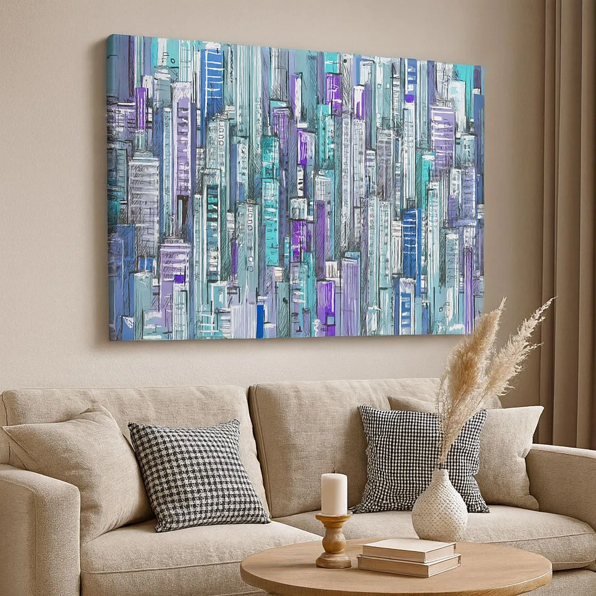 Quadro em tela - Ilustração de uma cidade com edifícios geométricos em tons de azul e roxo. - 70x50cm - Azul do céu - Decoração de parede moderna para a sala de estar e quarto ARTTOR
