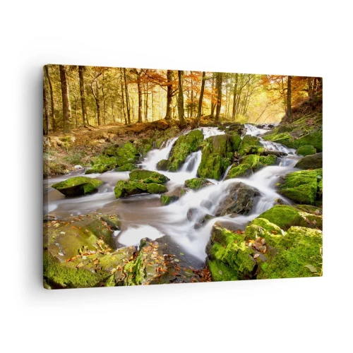 Quadro em tela - Uma paisagem arborizada com uma cachoeira cercada por musgo - 70x50cm - Pela floresta de outono - Decoração de parede moderna para a sala de estar e quarto ARTTOR