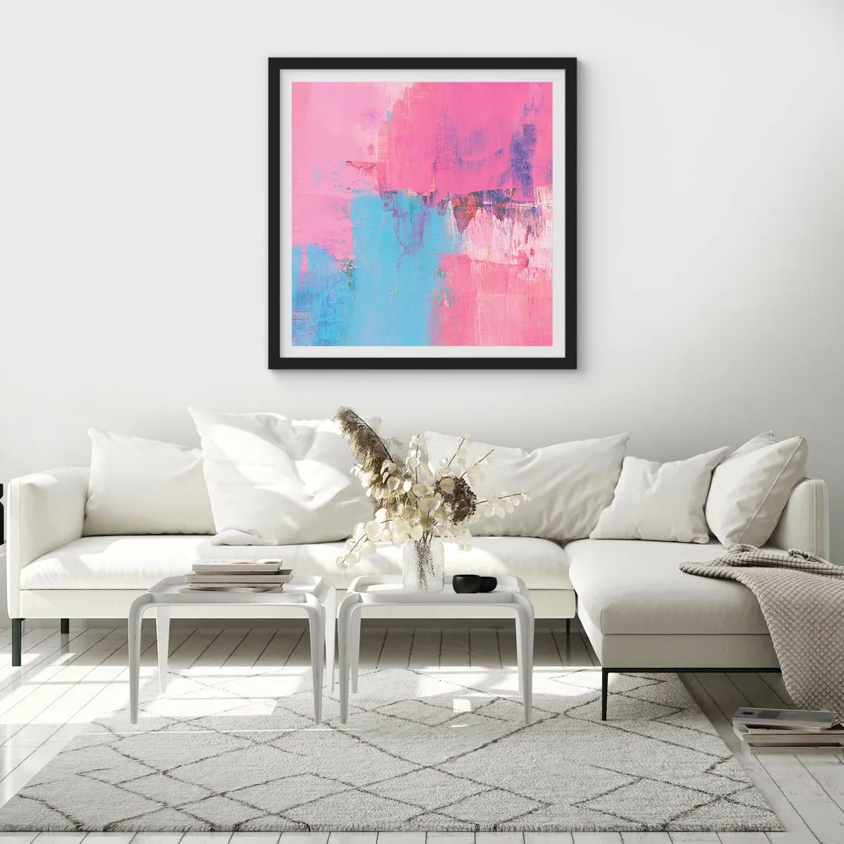 Pôster com moldura preta - Rosa, azul e uma pitada de luz - 30x30 cm