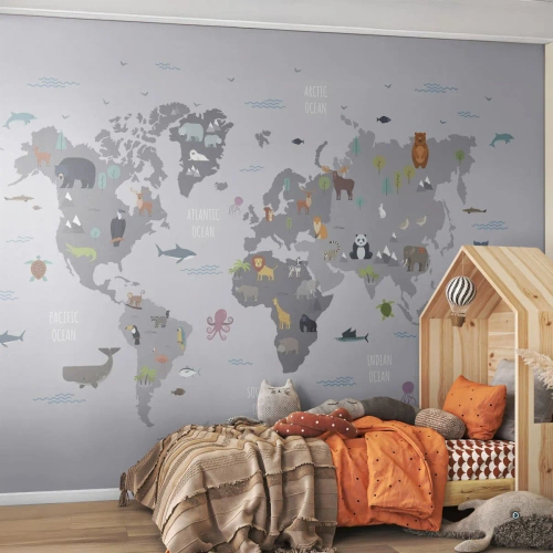 Papel de Parede Autocolante Deluxe Sticker - Diga-me de onde é... - Mapa mundial, Animais, Continentes - 350x256 cm
