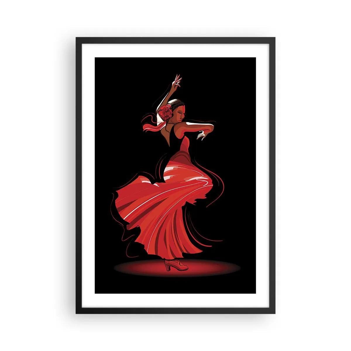 Pôster com moldura preta - Dançarina de flamenco em um vestido vermelho sobre um fundo preto - 50x70cm - O espírito ardente do flamenco - Decoração de parede moderna para a sala de estar e quarto ARTTOR