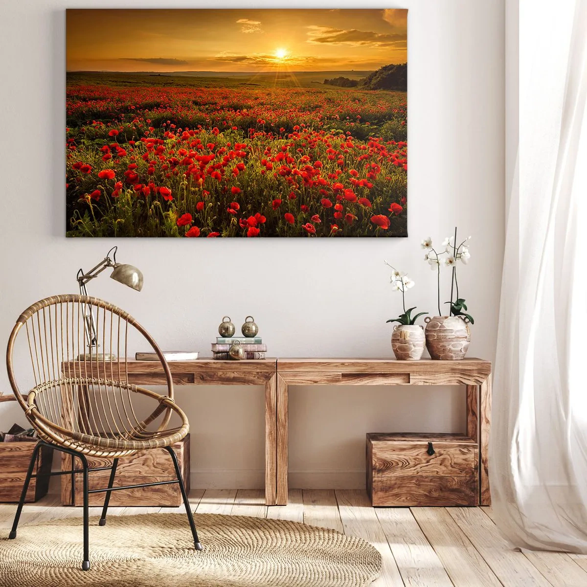 Quadro em tela - Um campo de papoulas vermelhas sob o brilho do pôr do sol - 70x50cm - Entre o farfalhar da onda de prados, entre o dilúvio das flores - Decoração de parede moderna para a sala de estar e quarto ARTTOR