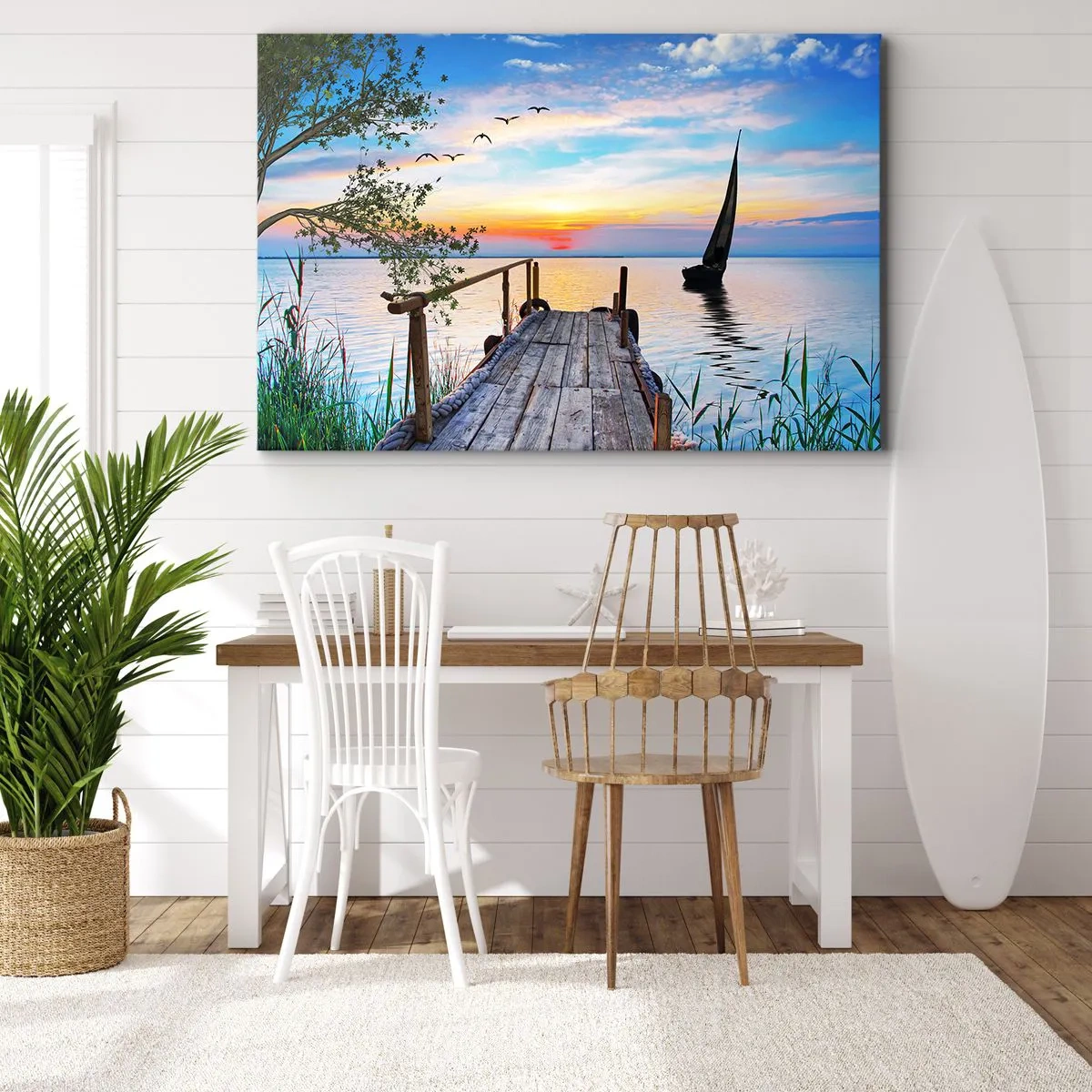Quadro em tela - Píer do lago com barco e pôr do sol - 70x50cm - Boa noite - Decoração de parede moderna para a sala de estar e quarto ARTTOR