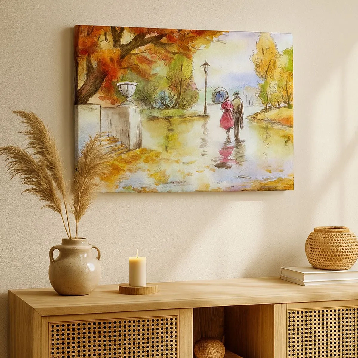 Quadro em tela - Um passeio no parque de outono com um guarda-chuva - 70x50cm - Outono romântico no parque - Decoração de parede moderna para a sala de estar e quarto ARTTOR