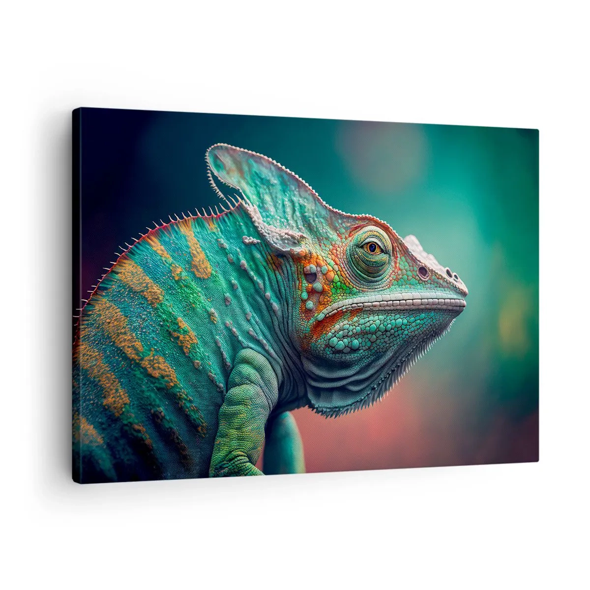 Quadro em tela - Close-up de um camaleão em cores intensas - 70x50cm - Estás a ver-me? Isso não é bom… - Decoração de parede moderna para a sala de estar e quarto ARTTOR