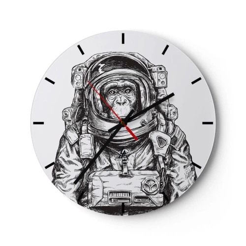 Relógio de parede - Relógio em vidro - Um esboço em preto e branco de um macaco astronauta. - 30x30cm - Evolução alternativa - Decoração de parede moderna para a sala de estar, cozinha e quarto ARTTOR