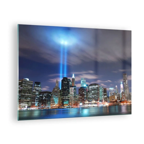 Quadro em vidro - Panorama noturno da cidade com holofotes - 70x50cm - Alcançar o céu com a luz - Decoração de parede moderna para a sala de estar e quarto ARTTOR