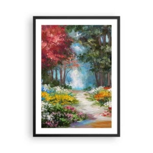 Pôster com moldura preta - Um jardim florestal colorido cheio de flores e árvores - 50x70cm - Jardim florestal, floresta florida - Decoração de parede moderna para a sala de estar e quarto ARTTOR