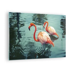 Quadro em vidro - Flamingos na água em uma composição harmoniosa - 70x50cm - Estamos na moda agora - Decoração de parede moderna para a sala de estar e quarto ARTTOR