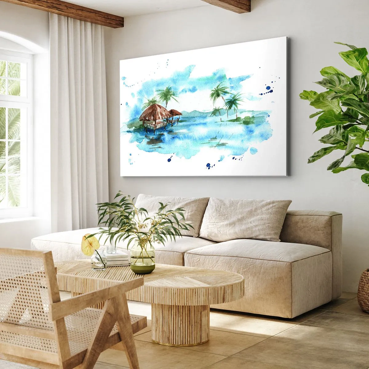 Quadro em tela - Pintura em aquarela de uma paisagem tropical com casas e palmeiras - 70x50cm - Algures no Pacífico - Decoração de parede moderna para a sala de estar e quarto ARTTOR