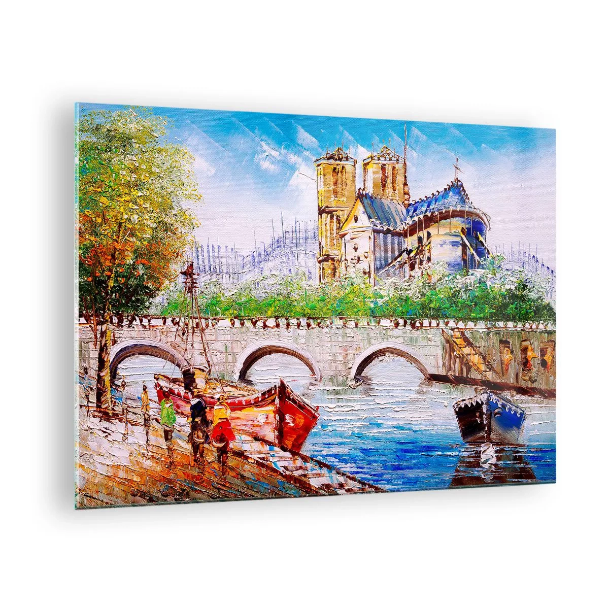 Quadro em vidro - Ponte e barcos tendo como pano de fundo a catedral histórica - 70x50cm - Nunca sai de moda - Decoração de parede moderna para a sala de estar e quarto ARTTOR