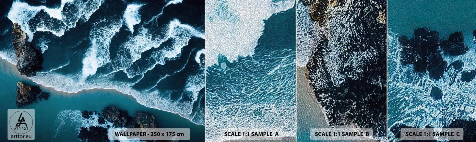 Amostra de papel de parede Premium Sand - Envolto em ondas - Penhasco, Mar, Natureza - 100x30 cm