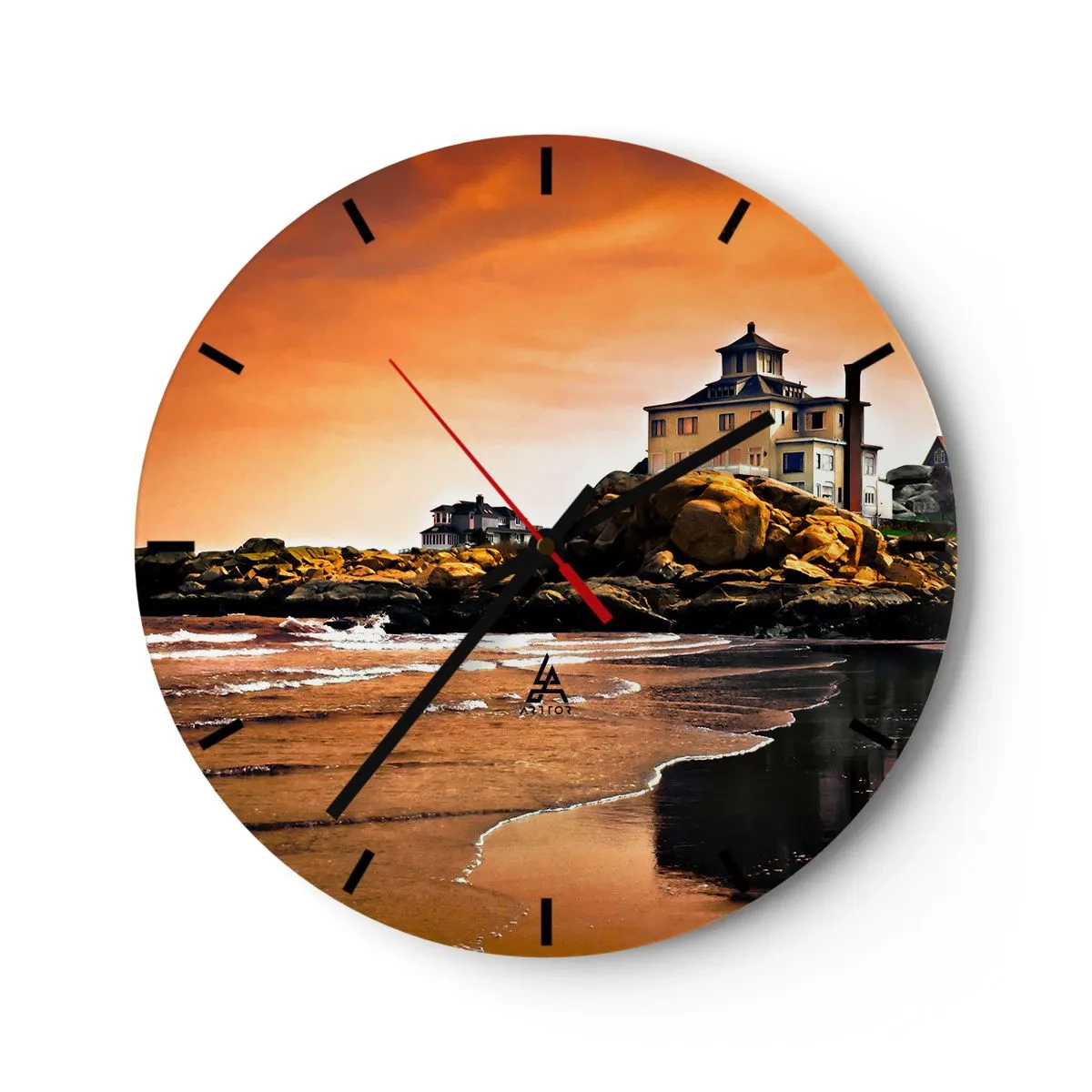 Relógio de parede - Relógio em vidro - Uma casa em uma costa rochosa ao pôr do sol - 30x30cm - Elegância da Costa Oeste - Decoração de parede moderna para a sala de estar, cozinha e quarto ARTTOR
