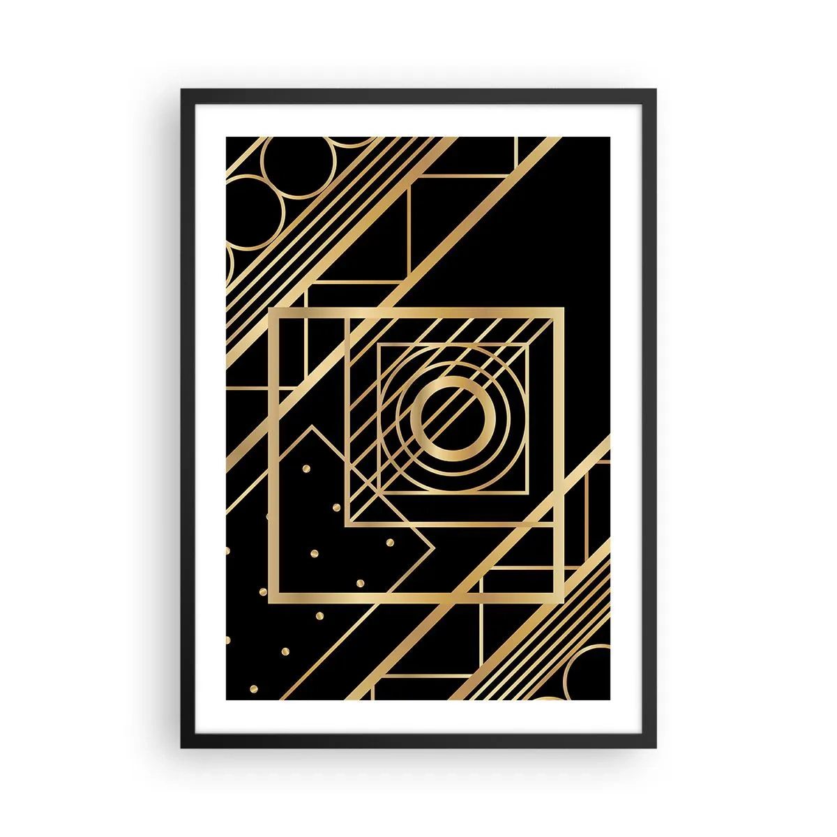 Pôster com moldura preta - Padrões geométricos dourados sobre fundo preto no estilo Art Déco - 50x70cm - Geometria dourada - Decoração de parede moderna para a sala de estar e quarto ARTTOR