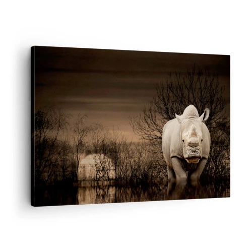 Quadro em tela - Rinoceronte entre árvores ao pôr do sol, natureza selvagem. - 70x50cm - Branco contra a natureza - Decoração de parede moderna para a sala de estar e quarto ARTTOR