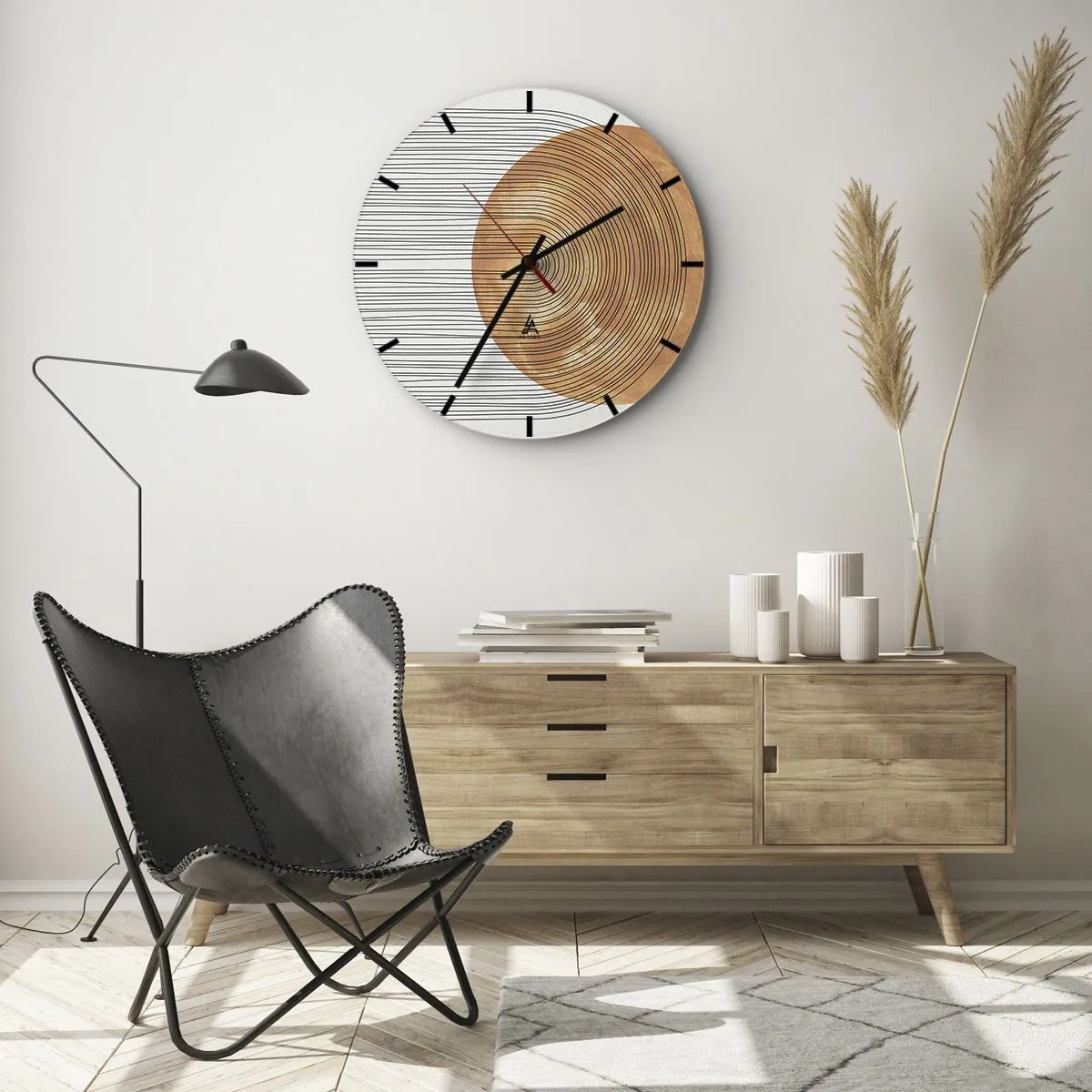Relógio de parede - Relógio em vidro - Madeira e linhas sobre fundo claro em harmonia geométrica - 30x30cm - Composição solar - Decoração de parede moderna para a sala de estar, cozinha e quarto ARTTOR