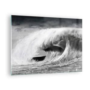 Quadro em vidro - Uma onda poderosa capturada em uma estética em preto e branco - 70x50cm - A ira do oceano - Decoração de parede moderna para a sala de estar e quarto ARTTOR