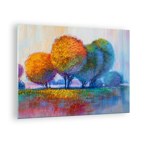 Quadro em vidro - Árvores coloridas em cores de outono contra um céu azul - 70x50cm - Um amontoado de cores lascivas - Decoração de parede moderna para a sala de estar e quarto ARTTOR