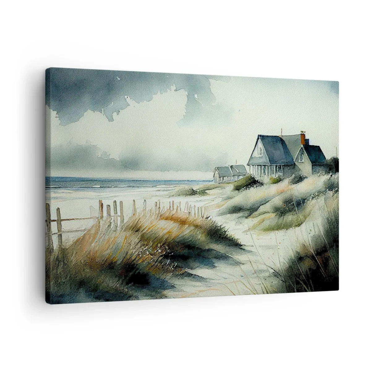 Quadro em tela - Uma casa à beira-mar cercada por grama e com vista para o mar - 70x50cm - Longe da agitação - Decoração de parede moderna para a sala de estar e quarto ARTTOR