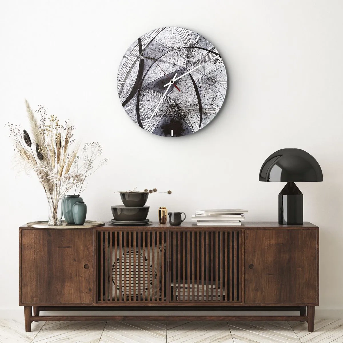 Relógio de parede - Relógio em vidro - Abstração em preto e branco com linhas e manchas dinâmicas - 30x30cm - Fantasia futurista - Decoração de parede moderna para a sala de estar, cozinha e quarto ARTTOR