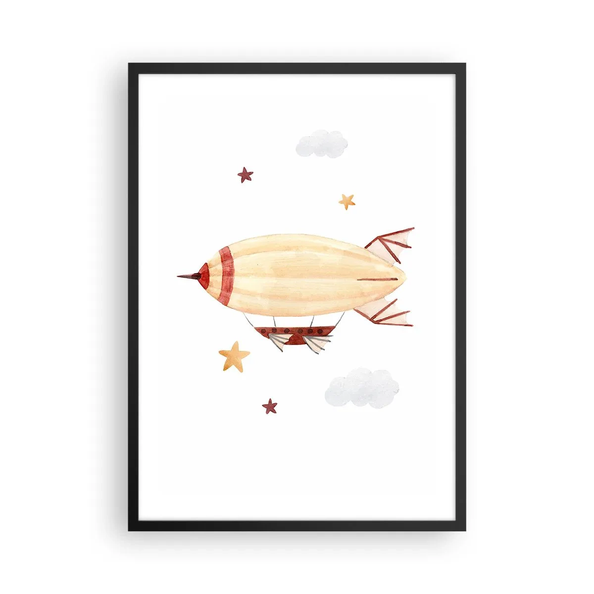 Pôster com moldura preta - Um dirigível em aquarela flutuando entre as estrelas e nuvens. - 50x70cm - Dirigível - Decoração de parede moderna para a sala de estar e quarto ARTTOR