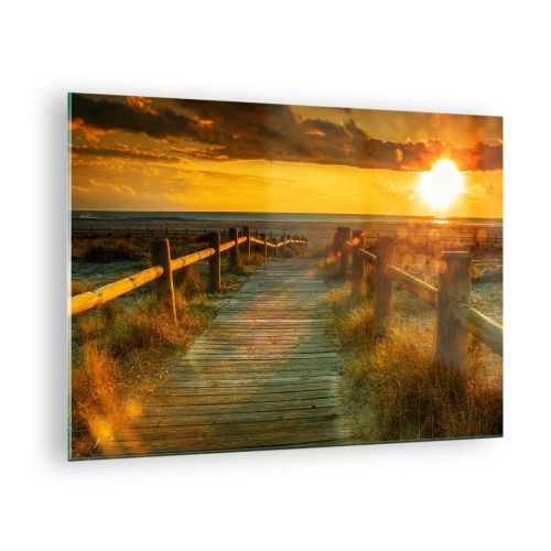 Quadro em vidro - Um caminho de madeira que leva em direção ao pôr do sol - 70x50cm - Banhado em ouro antigo - Decoração de parede moderna para a sala de estar e quarto ARTTOR