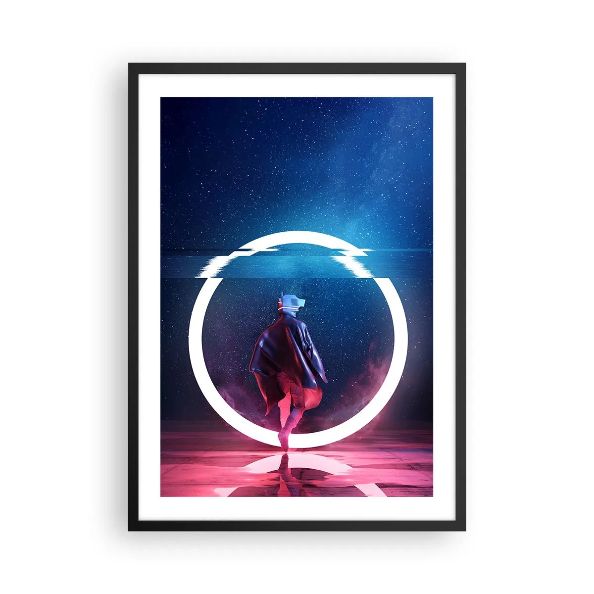 Pôster com moldura preta - Uma figura com uma roupa futurista e óculos de realidade virtual contra o fundo de um círculo de luz - 50x70cm - Entre Mundos - Decoração de parede moderna para a sala de estar e quarto ARTTOR