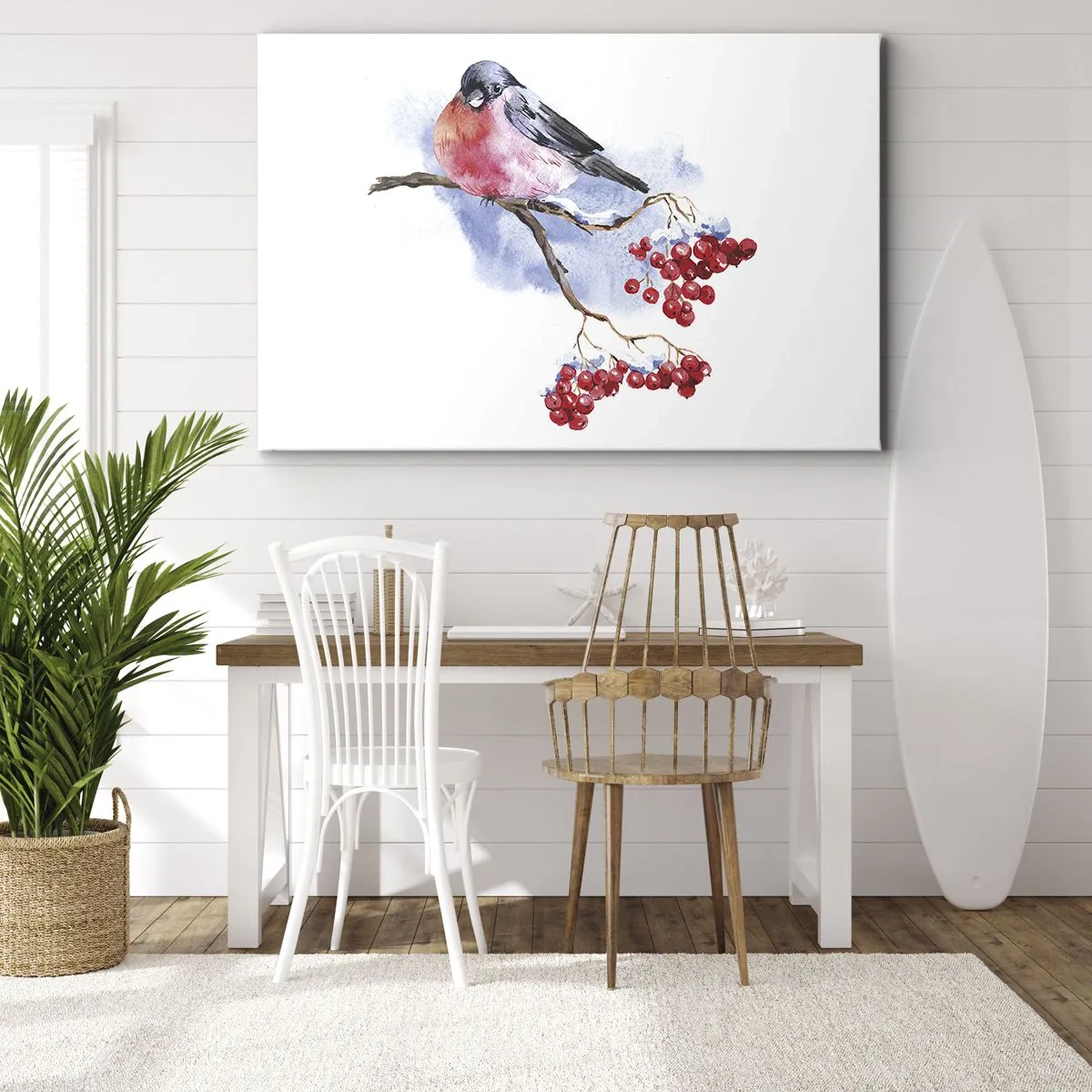 Quadro em tela - Pássaro em um galho com frutas vermelhas no fundo aquarela - 70x50cm - Inverno a cores - Decoração de parede moderna para a sala de estar e quarto ARTTOR