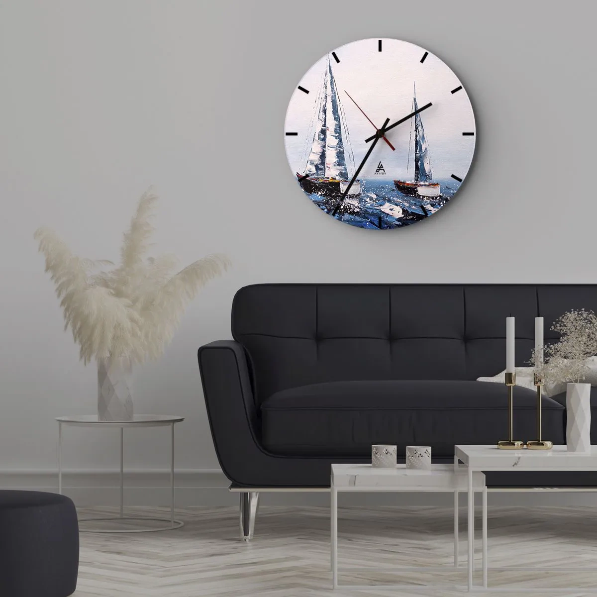 Relógio de parede - Relógio em vidro - Dois veleiros em um mar tempestuoso em estilo pictórico - 30x30cm - Irmandade do vento - Decoração de parede moderna para a sala de estar, cozinha e quarto ARTTOR