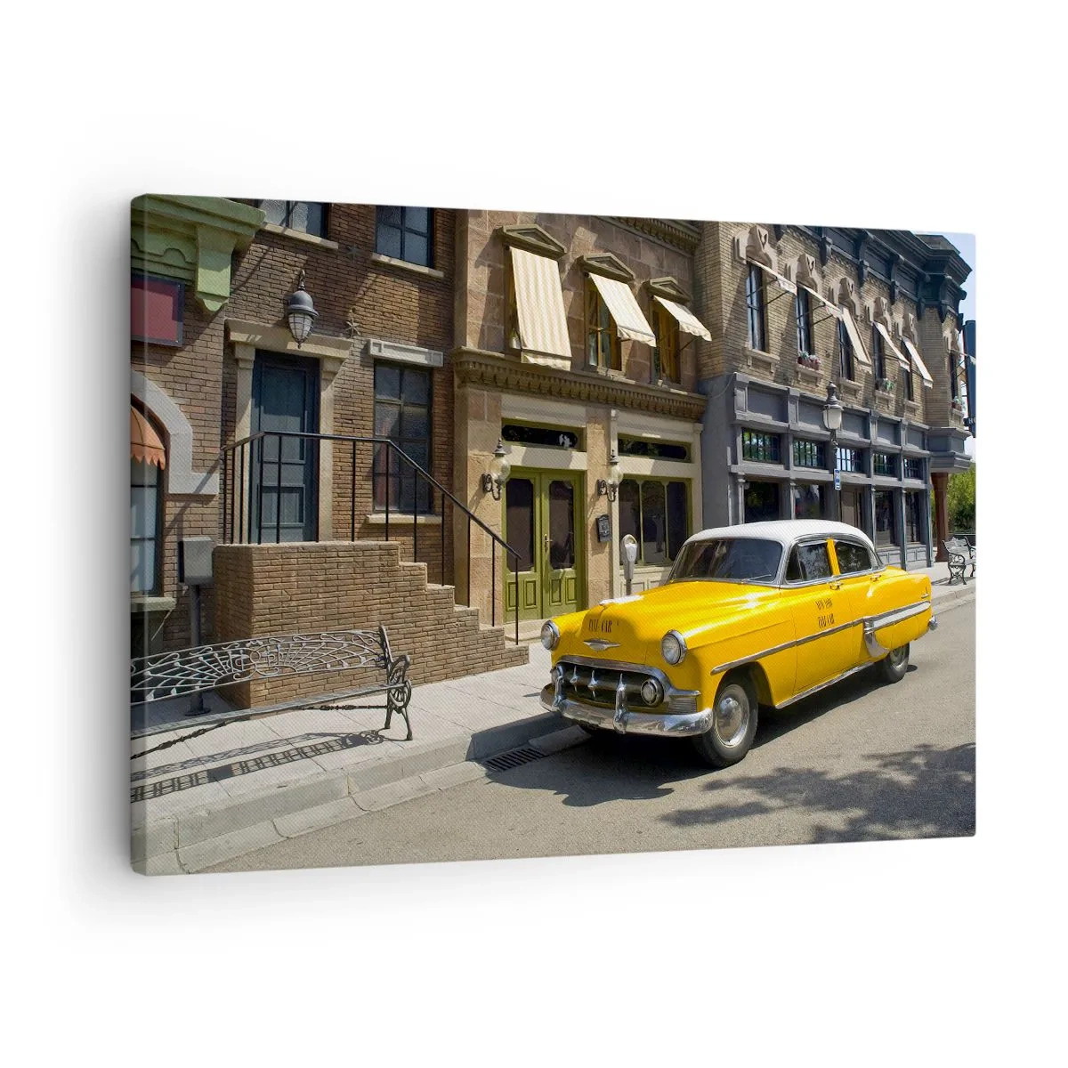 Quadro em tela - Um táxi amarelo em uma rua ladeada por casas de temporada - 70x50cm - Era uma vez na América - Decoração de parede moderna para a sala de estar e quarto ARTTOR